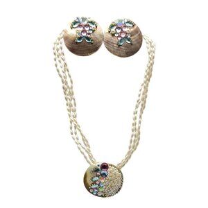 Vintage MOP Abalone Pearl Necklace Clip-On Earrings Set With Rhinestone Accents